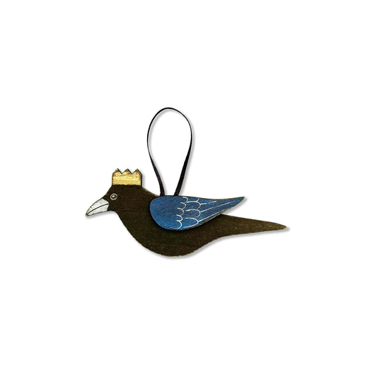 SMALL CROW WITH GOLD CROWN — Hand-Painted Wooden Crow Hanging