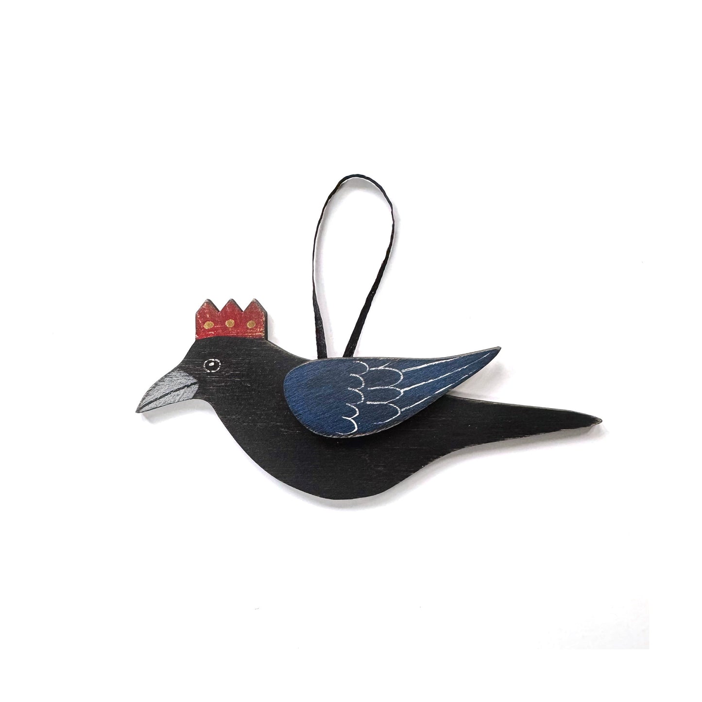 SMALL CROW WITH RED AND GOLD CROWN — Hand-Painted Wooden Crow Hanging