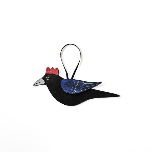 SMALL CROW WITH RED CROWN — Hand-Painted Wooden Crow Hanging