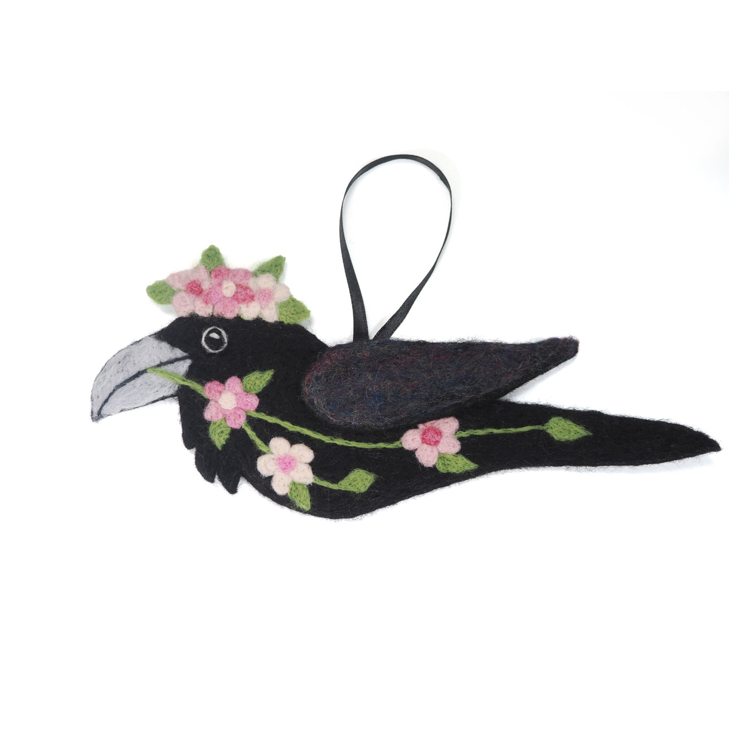 PINK SPRING GARLAND Wool Needle-Felted Raven Hanging