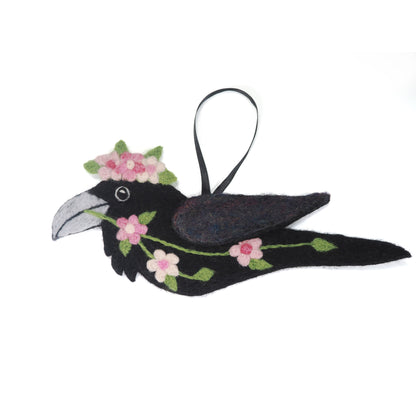 PINK SPRING GARLAND Wool Needle-Felted Raven Hanging