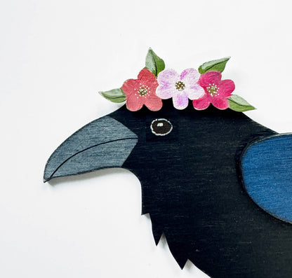 RAVEN WITH PINK FLORAL CROWN — Hand-Painted Wooden Raven Hanging