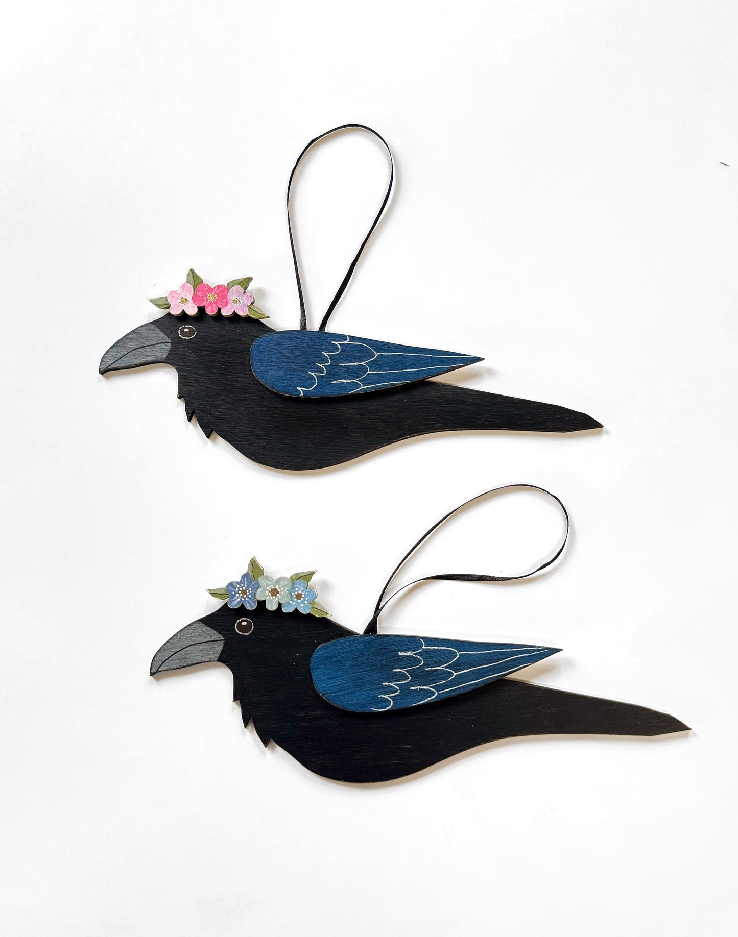RAVEN WITH BLUE FLORAL CROWN — Hand-Painted Wooden Raven Hanging