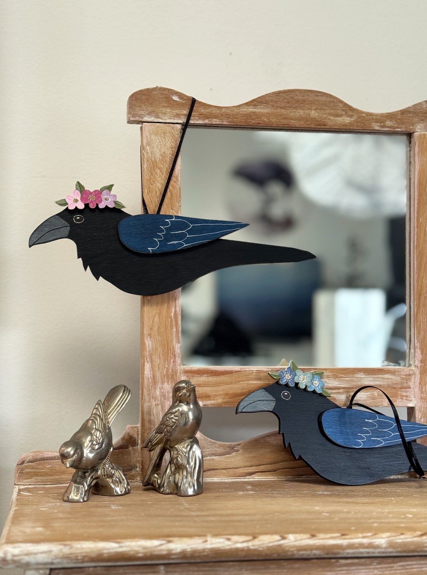 RAVEN WITH BLUE FLORAL CROWN — Hand-Painted Wooden Raven Hanging