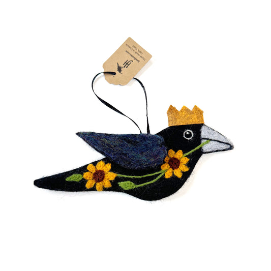 SUNFLOWERS Wool Needle-Felted Crow Hanging