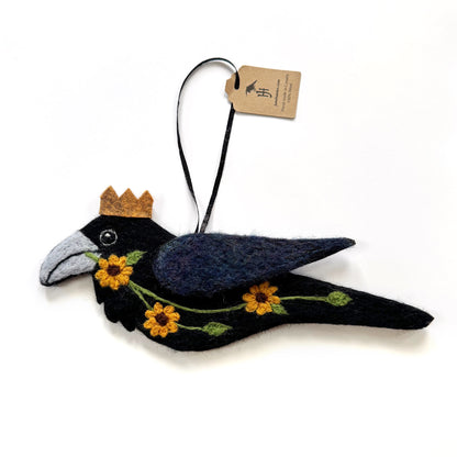 SUNFLOWERS Wool Needle-Felted Raven Hanging