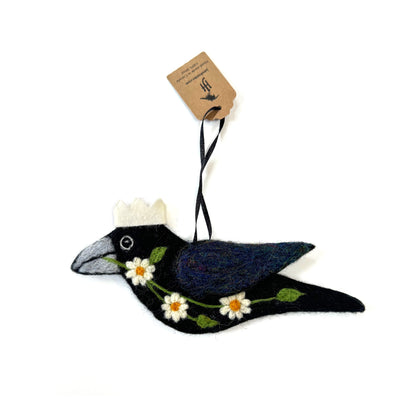 WHITE DAISIES Wool Needle-Felted Crow Hanging
