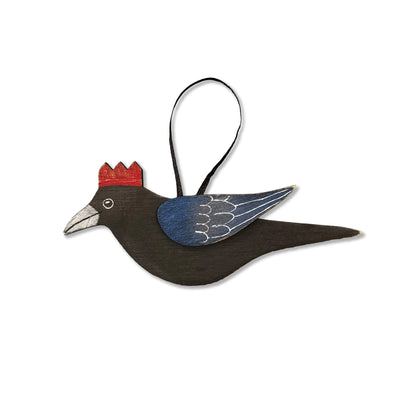 MEDIUM CROW WITH RED CROWN — Hand-Painted Wooden Crow Hanging
