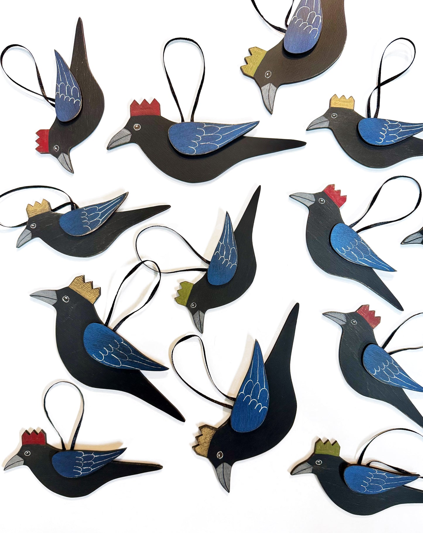 SMALL CROW WITH GOLD CROWN — Hand-Painted Wooden Crow Hanging
